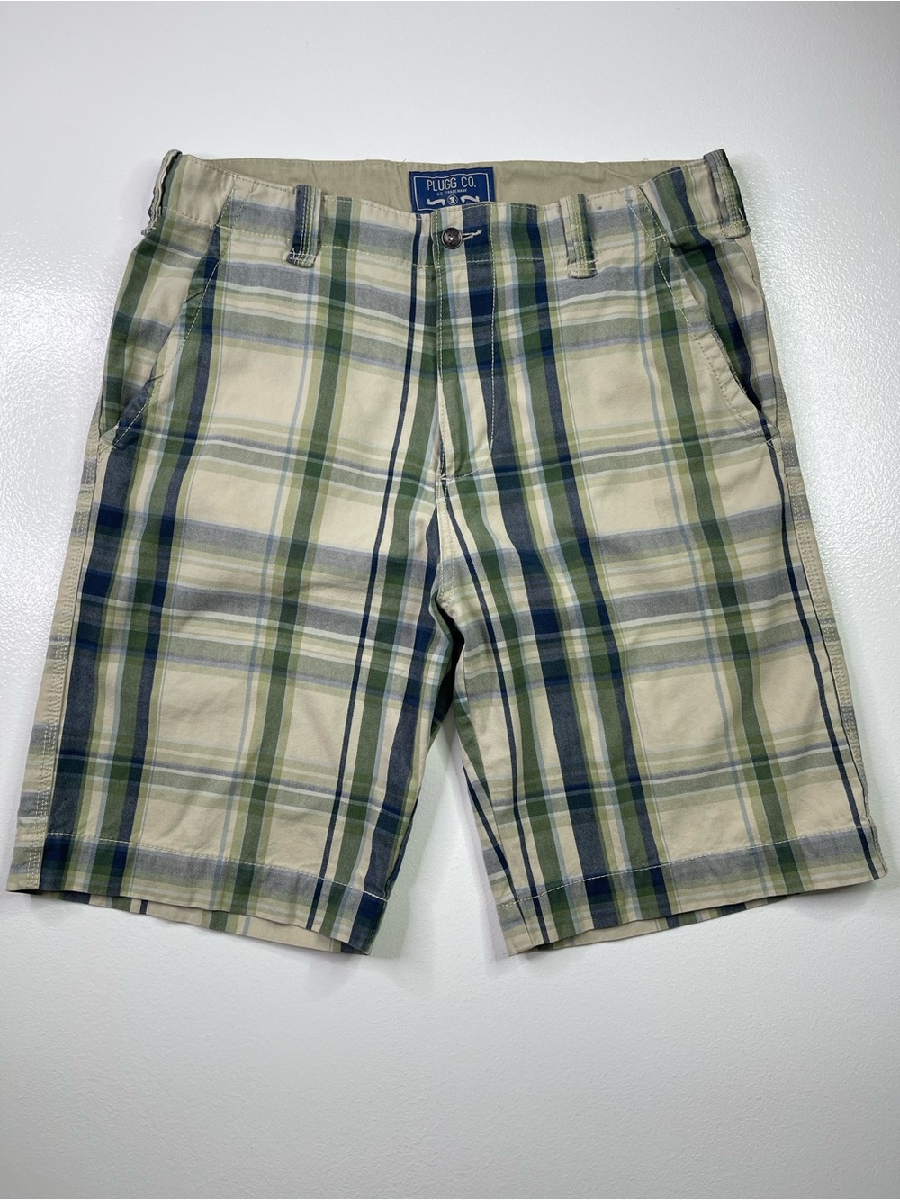 Plugg Co Plaid Cotton Shorts Green Blue Size 34